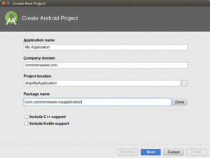 Android Studio Create-Project Wizard, First Page, with Editable Package Name