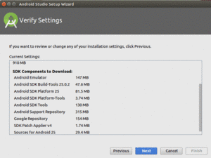 Android Studio Setup Wizard, Verify Settings Page