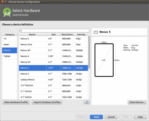 Android Studio Virtual Device Configuration Wizard, First Page