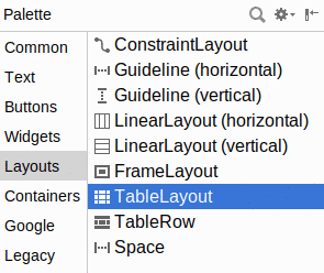 Layouts Section of Palette, TableLayout Highlighted