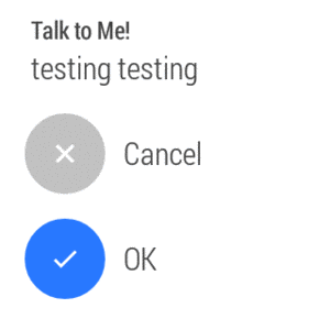 WearActions Demo, on a Samsung Galaxy Wear, Showing Voice Input Confirmation