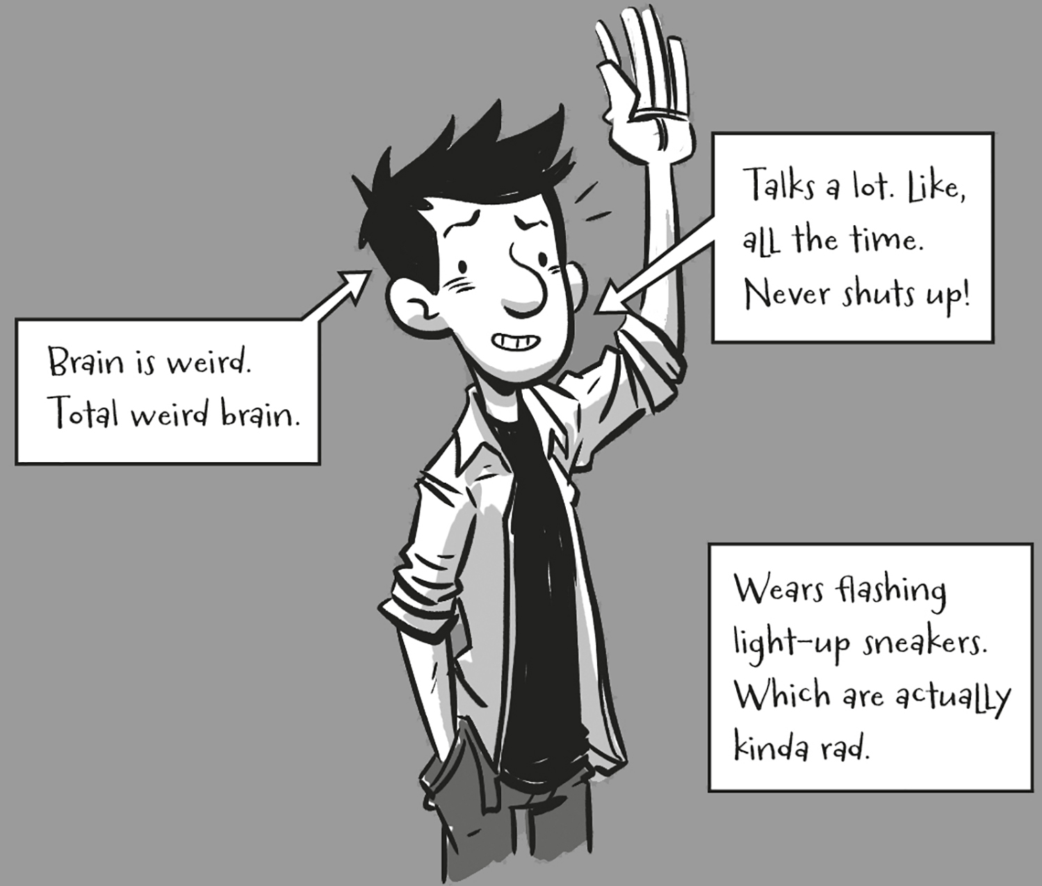 About Jack Sullivan: Brain is weird. Total weird brain. Talks a lot. Like, all the time. Never shuts up! Wears flashing light-up sneakers. Which are actually kinda rad.