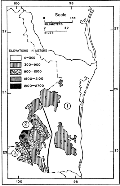 Fig. 1. Three physiographic regions: 1 Coastal Plain; 2 Sierra Madre Oriental; 3 Central Plateau.