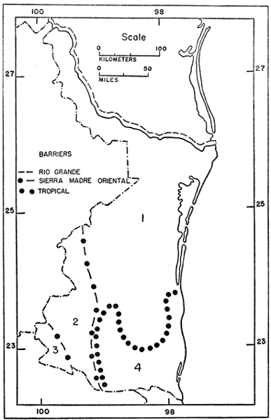 Fig. 2. Four biotic provinces: 1 Tamaulipan; 2 Potosian; 3 Chihuahuan; 4 Veracruzian.