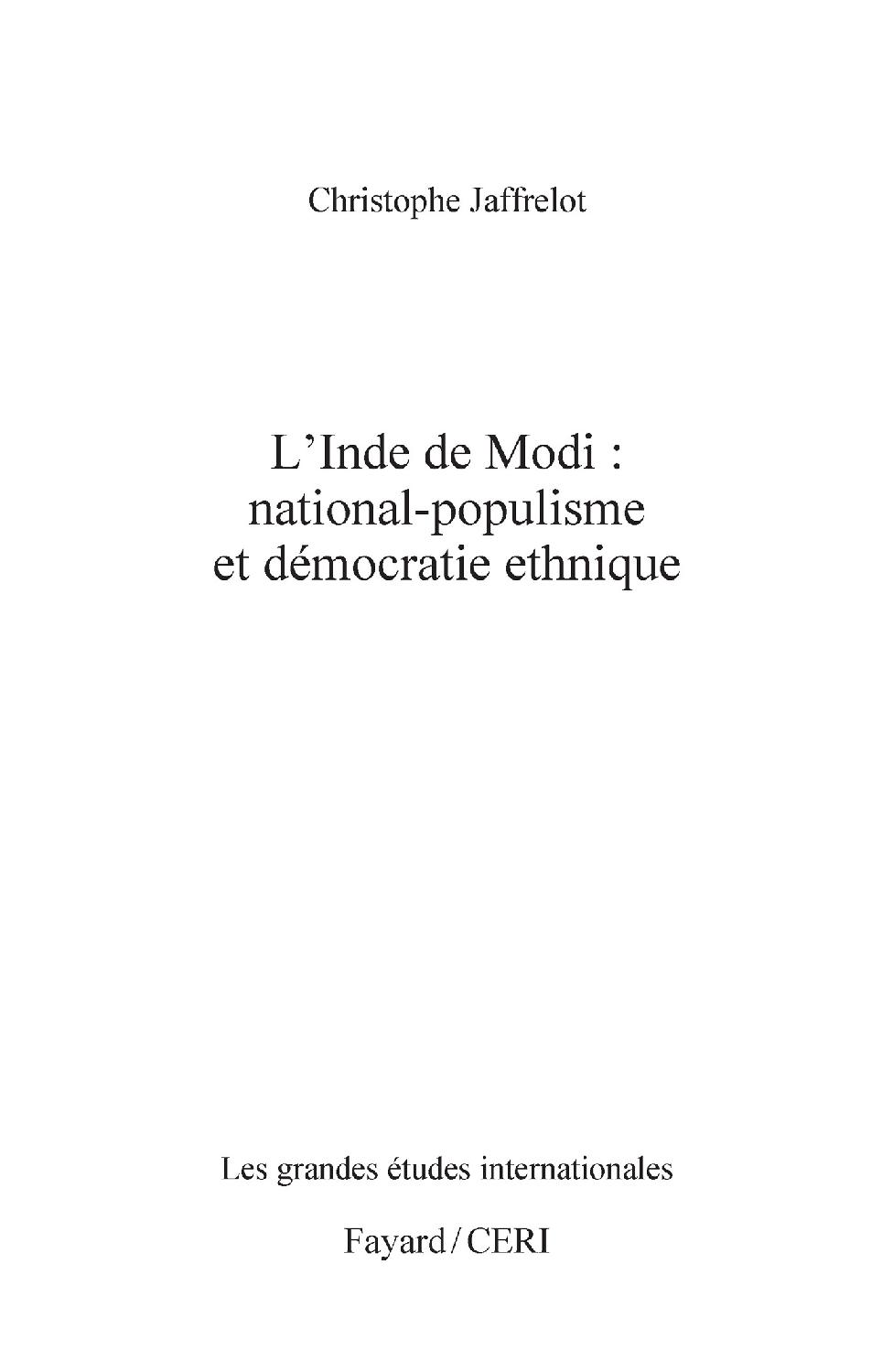 Page de titre : Jaffrelot Christophe, L’Inde de Modi : national-populisme et démocratie ethnique (Les grandes études internationales), Fayard / CERI