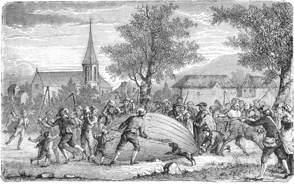 Peasants attack a balloon that landed outside Paris.