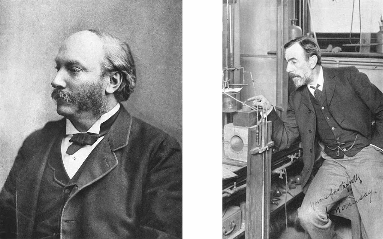 Lord Rayleigh (left), the physicist who discovered argon, and William Ramsay (right), the chemist who discovered additional noble gases. (Photos courtesy Wellcome Trust)