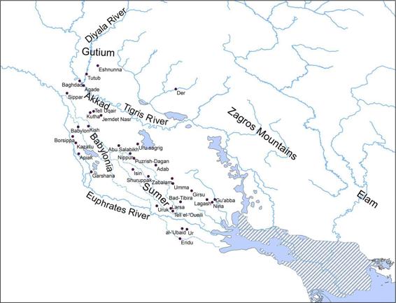 Map of Babylon featuring Zagros Mountains, Elam, Euphrates River, Tigris River, Babylonia, Sumer, Diyala River, Gutium, and Akkad.