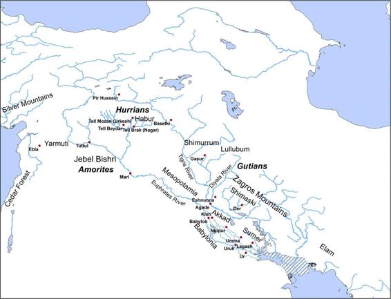 Map of Babylon featuring the near East in the third millennium: Gutians, Amorites, and Hurrians.