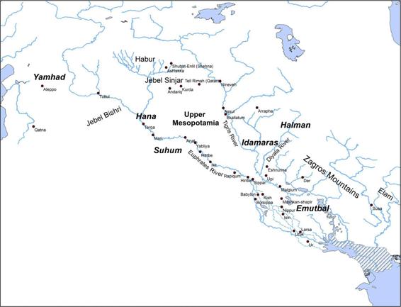 Map of the Near East in the Age of Hammu-rabi displaying locations for Yamhad, Hana, Upper Mesopotamia, etc., with scattered dots for Aleppo, Qatna, Tuttul, Terqa, Mari, Anat, Yabliya, Shubat-Enlil (Shehna), etc.