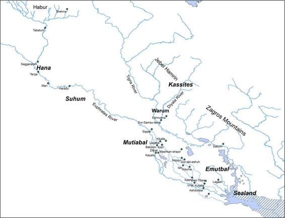 Map of Iraq in the seventh century displaying locations of Hana, Kassites, Warum, Mutaibal, Emutbal, Sealand, with dots denoting Shehna, Tabatum, Saggaratum, Terqa, Mari, Haradu, Sippar, Lagash, Ur, etc.