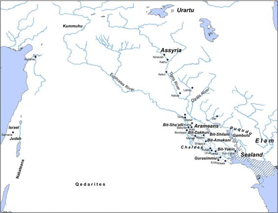 Map of Babylonia in the Assyrian Empire with areas labeled Urartu, Kummuhu, Assyria, Bit-Sha’alli, Arameans, Bit-Dakkuri, Bit-Shilani, Bit-Amukani, Bit-Yakin, Chaldea, Gurasimmu, Elam, Sealand, etc.