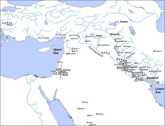 Map displaying the Babylonian Empire featuring the Upper Sea, Assyria, Urartu, Lydia, Anshan, Sealand, Lower Sea, Hatti, Habur, Eber-Nari, Pirindu, Cicilia, etc.