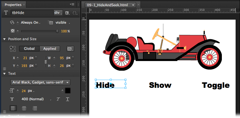 This Animate composition has an image of a car and three text boxes with the words “Hide,” “Show,” and “Toggle.” Guess what happens next.