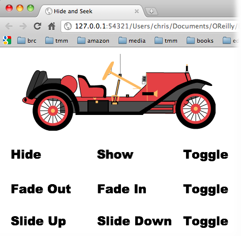 The text boxes in this example all work like buttons. Click on a word to see how the function affects the image of the car. Examine the code, and you’ll see the different delay settings that control the timing of the animated effect.