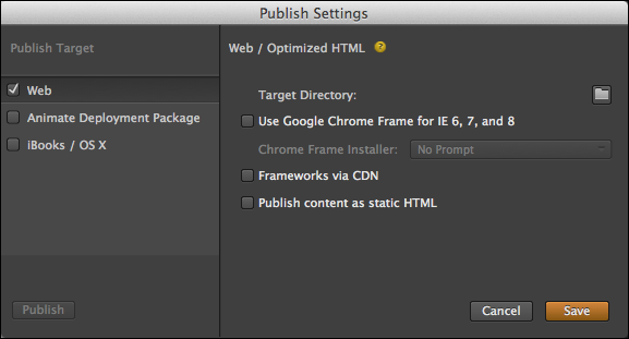 In the Publish Settings dialog box, Animate gives you several options for publishing your project to the Web, to InDesign (Adobe’s page layout application), or to iBooks (Apple’s book publishing tool).