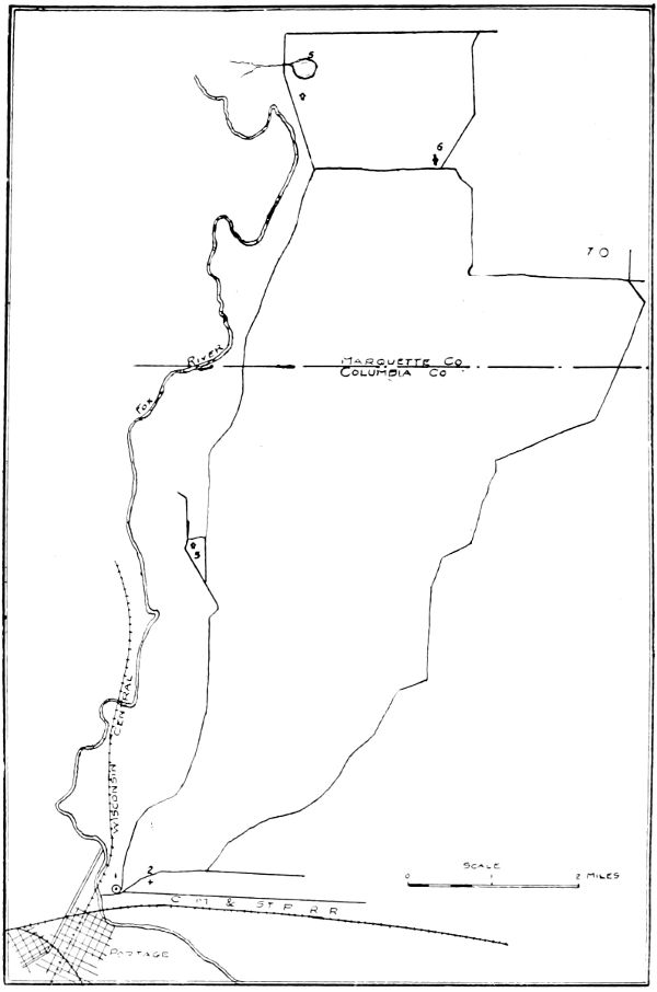 LITTLE JOURNEY TO HOMES OF JOHN MUIR (1) Fort Winnebago (2) Fort Winnebago Cemetery (3) School Where Annie and Johanna Muir Taught (4) School Where Muir Children Attended (5) Fountain Lake, first home of Muir family. (6) Muir church. (7) Second home of the Muir family.