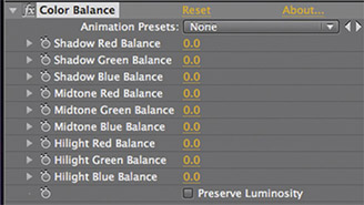 Figure 6.34 The options for the Color Balance effect in the Effect Controls panel.