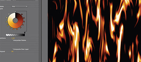 Figure 6.53 The gradient created from the Fire preset and its results when applied to the Turbulent Noise pattern.