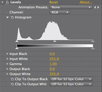 Figure 6.73 The histogram in the Levels effect tells us about the luminance values in our footage.