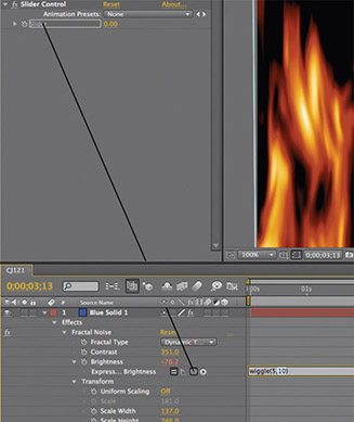 Figure 8.4 With the number selected, click and drag the pickwhip to the Slider property in the Effect Controls panel.