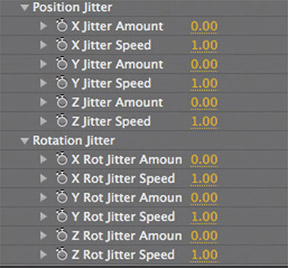 Figure 19.10 The Position Jitter and Rotation Jitter controls in the Effect Controls panel.