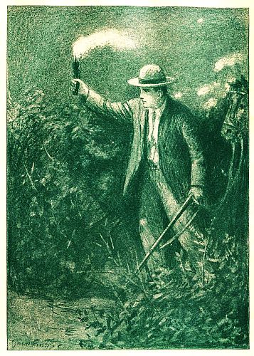 Man carrying rifle, holding torch aloft