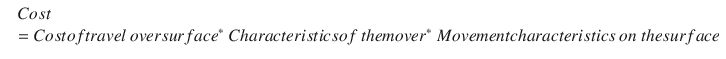 $$ {\displaystyle \begin{array}{ll}& Cost\\ {}& = Cost of travel\ {over surface}^{\ast }\ Characteristics of\ {the mover}^{\ast }\ Movement characteristics\ on\ the surface\end{array}} $$