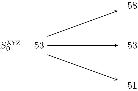 A tree with S subscript 0 superscript XYZ equals 53 at the center. From there, three arrows lead to branches labeled 58, 53, and 51, respectively.