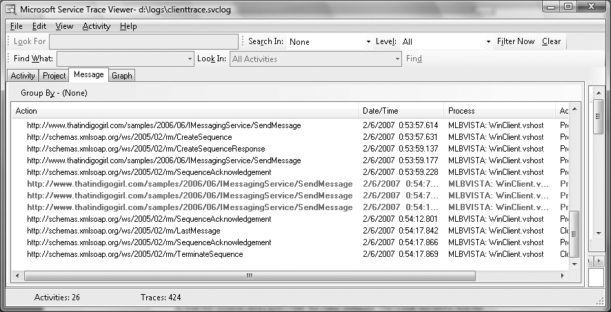 SvcTraceViewer output showing reliable session retries