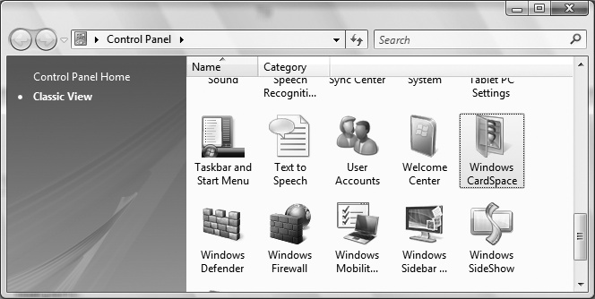 Windows CardSpace from the Control Panel