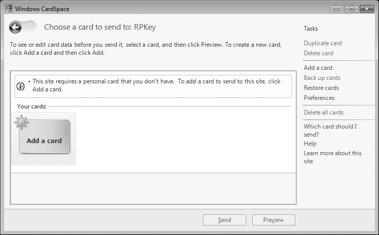 CardSpace identity selector requiring a new card to meet the required claims