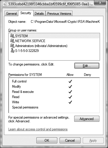 Editing security for a directory or file