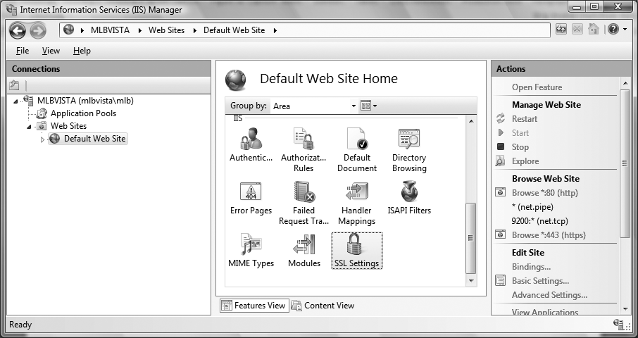 SSL settings feature for the default web site