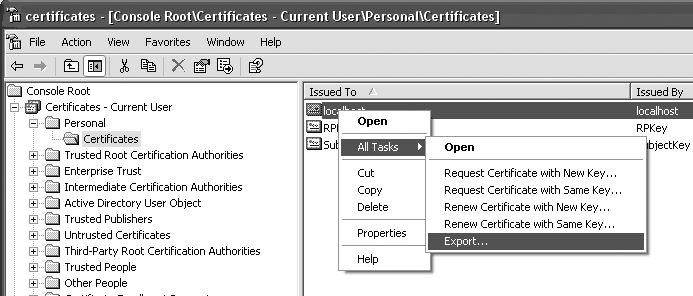 Exporting a private key certificate