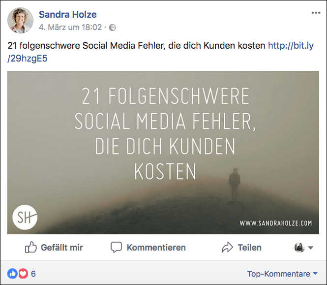 Produzieren Sie Inhalte, die langfristig Traffic generieren, aber keine Fake News. (Quelle: http://www.facebook.com/sandraholzecom)