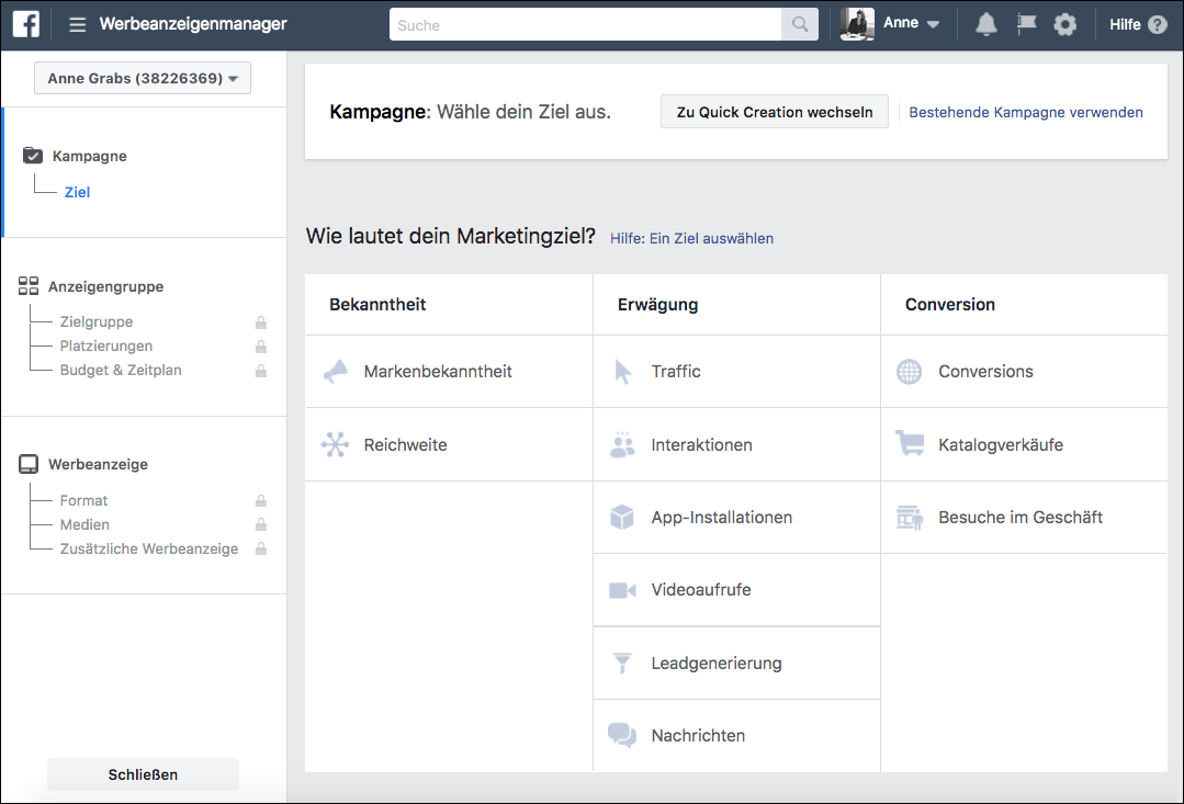 Facebook bietet im Werbeanzeigenmanager Anzeigenformate nach dem Sales-Funnel-Prinzip. (Quelle: http://www.facebook.com/ads/manage)