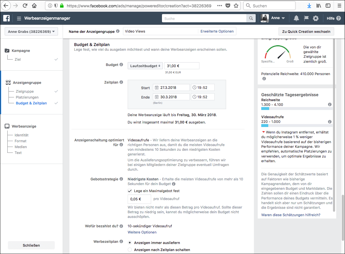 Mit einer Gebotsstrategie legen Sie Ihr maximales Gebot für Ihr Kampagnenziel fest. (Quelle: Facebook Werbeanzeigenmanager)