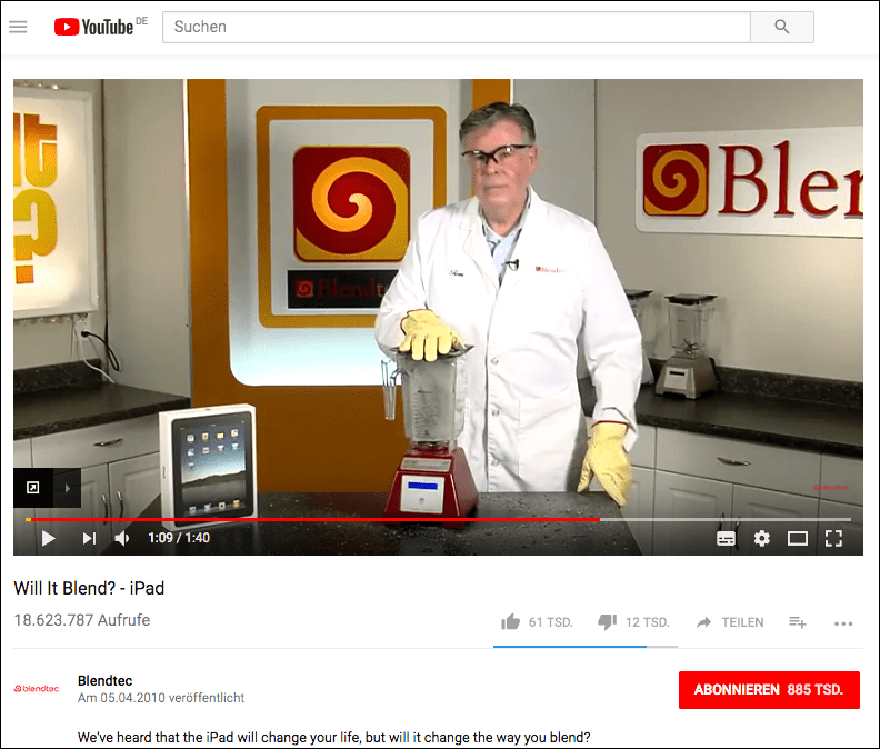 »Will it blend?« – Blendtec lässt nichts unversucht, um seinen Mixer auf den Prüfstand zu stellen. (Quelle: http://youtu.be/lAl28d6tbko)