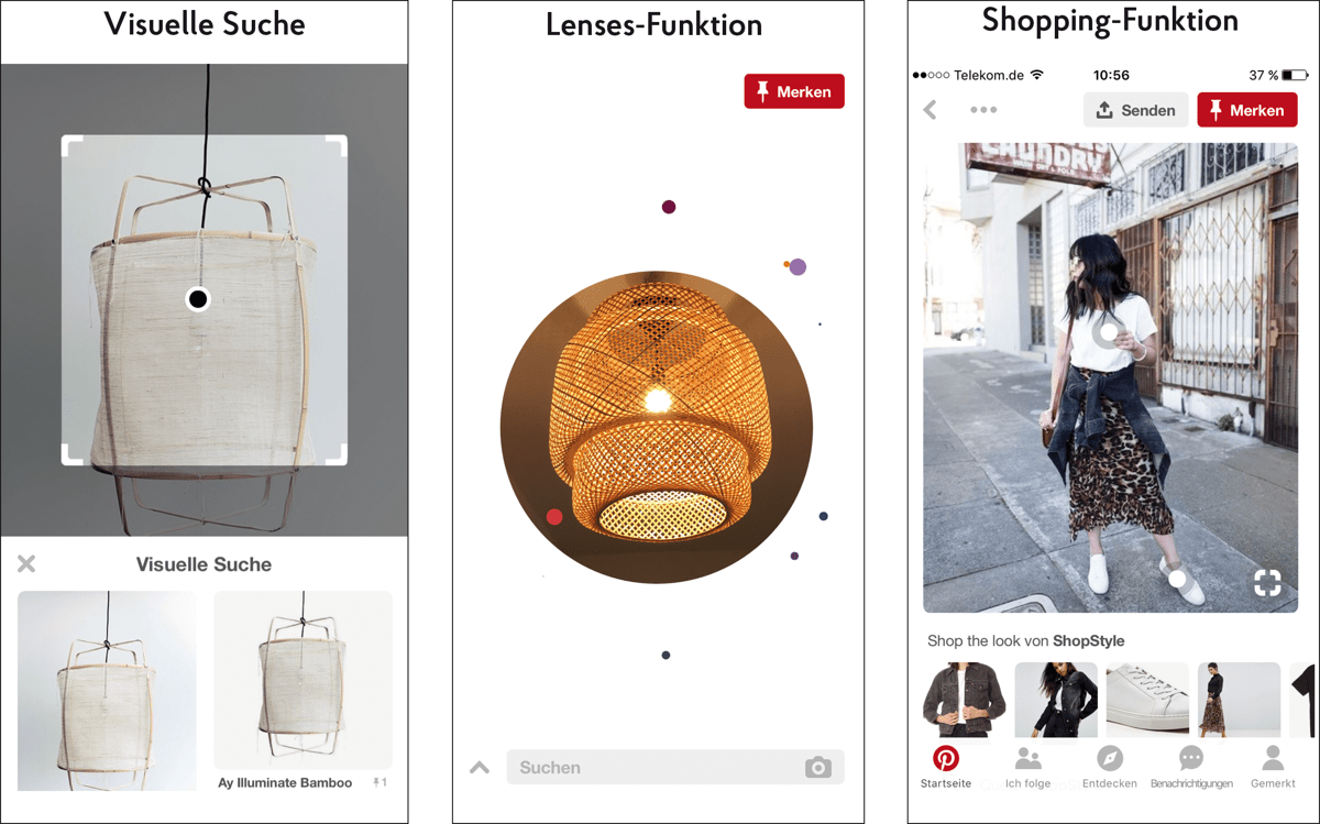 Pinterest begeistert seine Nutzer mit neuen Funktionen wie der visuellen Suche, Lenses- und Shopping-Funktion. (Quelle: Screenshots Pinterest-App)