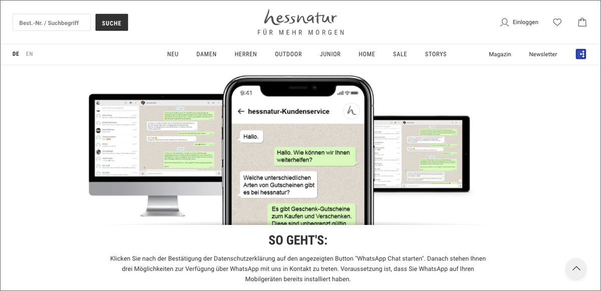 Der Kontakt mit dem Kundenservice via WhatsApp kann von der Website aus gestartet werden – und zwar DSGVO-konform.