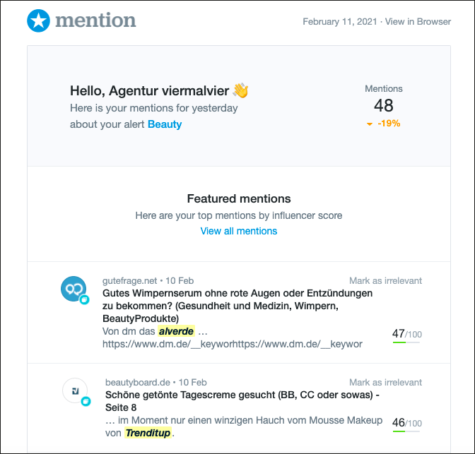 Ein Beispiel für eine E‐Mail-Benachrichtigung über die aktuellsten Treffer zu einem bestimmten Suchwort. (Quelle: https://www.mention.com)