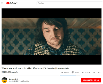 Das erfolgreichste YouTube-Werbevideo im Jahr 2017: Der epische Clip von Immowelt generierte 24 Millionen Aufrufe. (Quelle: http://www.youtube.com/watch?v=0wlnoX3krcM)