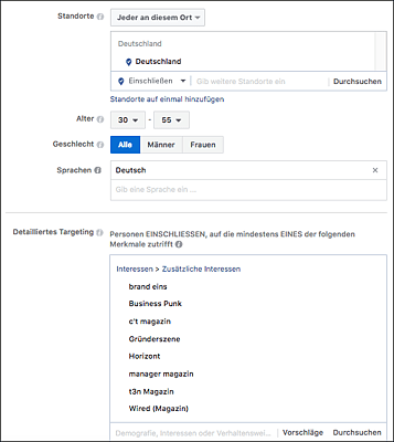 Mit den Targeting-Optionen von Facebook lassen sich Anzeigen genau auf die Zielgruppen ausspielen. (Quelle: Facebook Werbeanzeigenmanager)