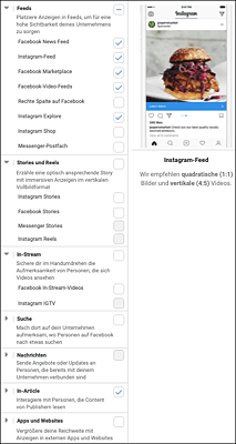 Facebook bietet gleich mehrere Platzierungen im eigenen Netzwerk, auf Instagram, im Audience Network und im Messenger. (Quelle: Facebook Werbeanzeigenmanager)