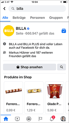 Ein verfügbarer Facebook-Shop wird bei der Suche nach einem Unternehmen schon im Suchergebnis prominent platziert. (Quelle: Facebook-Suche)