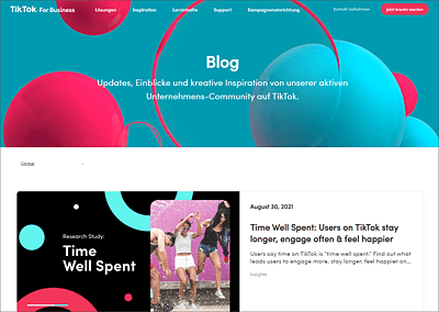TikTok veröffentlicht auf seinem offiziellen Business-Blog zahlreiche Tipps, Studien und Best Practices, auch für kleine Unternehmen.