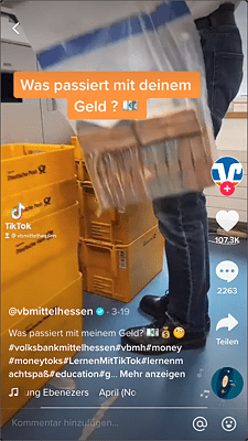 Ein besonders beliebtes Video der Volksbank Mittelhessen zeigt den Weg des Geldes innerhalb der Bank. (Quelle: https://www.tiktok.com/@vbmittelhessen?)