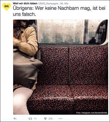 Die BVG traut sich Ironie zu – die Berliner lieben es. (Quelle: http://twitter.com/BVG_Kampagne/status/737286665576828929)