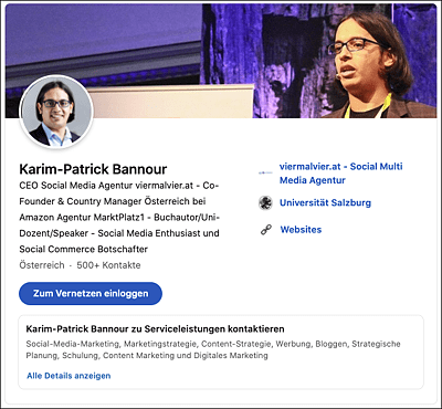 Der oberste Bereich eines B2B-Profils (hier LinkedIn) beinhaltet die wichtigsten beruflichen Informationen über die Person. (Screenshot: LinkedIn-Profil, https://www.linkedin.com/in/karimbannour)